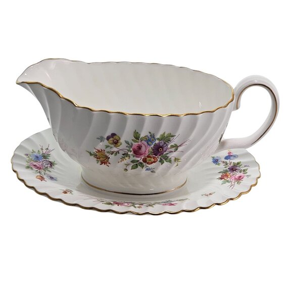 Minton Marlow Floral Gravy Boat Attached Underplate vtg Globe backstamp1950s ros - Picture 2 of 12